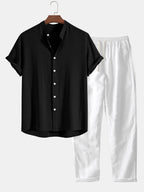 Linen Shirt & Pants Set Men's Khaki Beige Short Sleeve – Casual, Holiday Outfit · Faylori