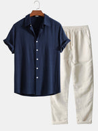 Linen Shirt & Pants Set Men's Khaki Beige Short Sleeve – Casual, Holiday Outfit · Faylori