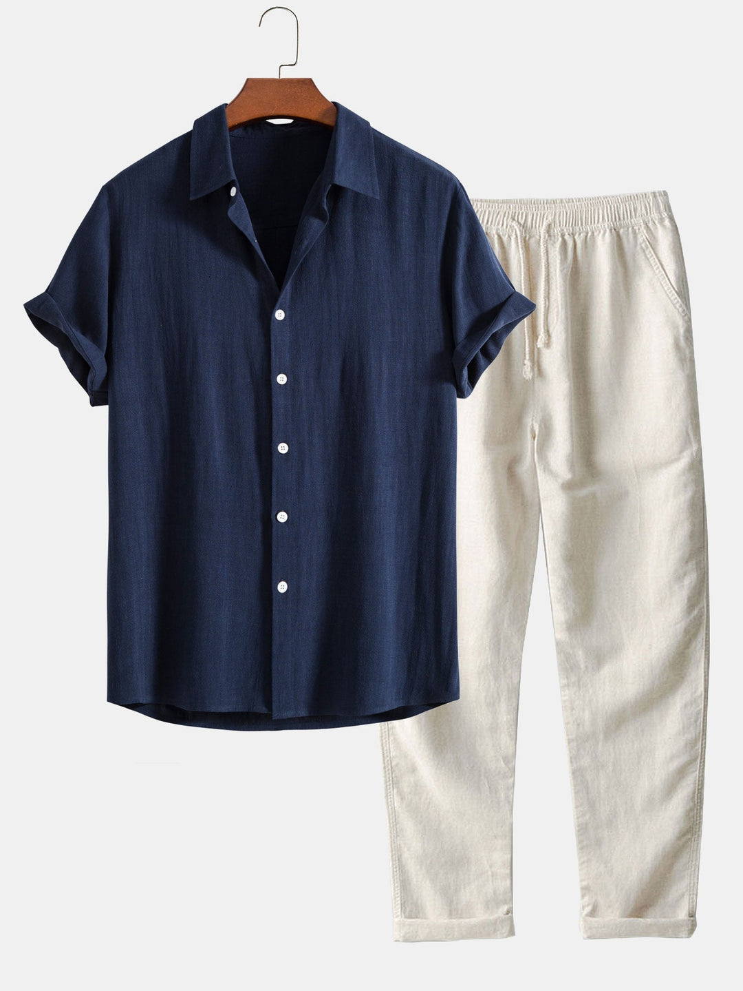 Linen Shirt & Pants Set Men's Khaki Beige Short Sleeve – Casual, Holiday Outfit · Faylori