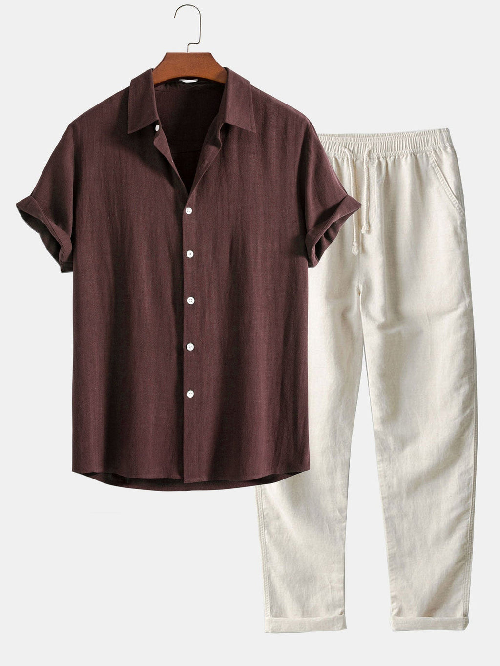 Linen Shirt & Pants Set Men's Khaki Beige Short Sleeve – Casual, Holiday Outfit · Faylori