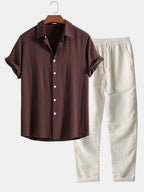 Linen Shirt & Pants Set Men's Khaki Beige Short Sleeve – Casual, Holiday Outfit · Faylori