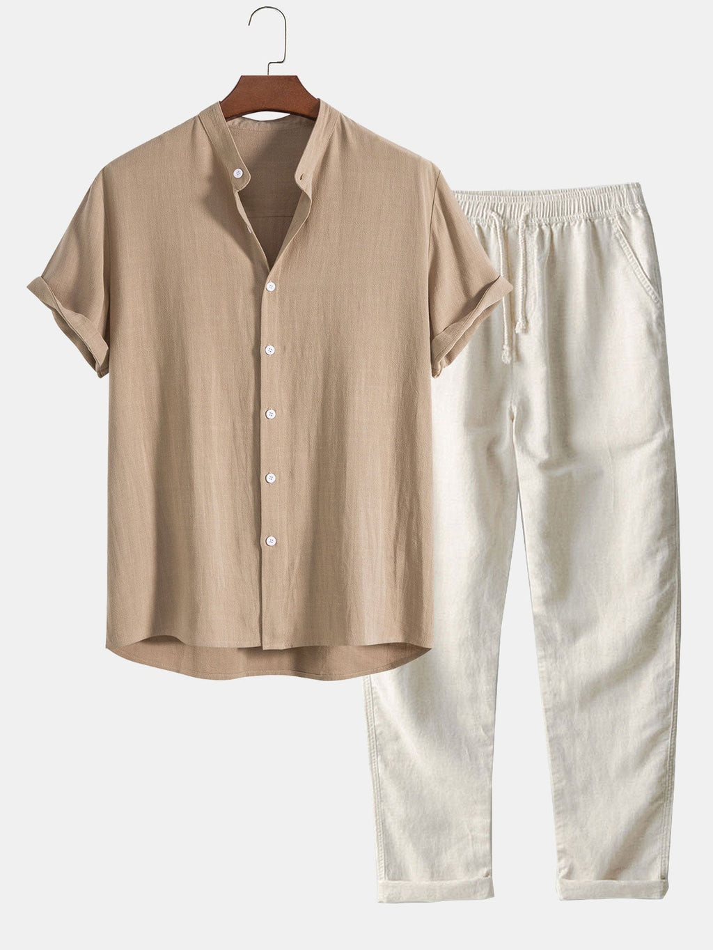 Linen Shirt & Pants Set Men's Khaki Beige Short Sleeve – Casual, Holiday Outfit · Faylori