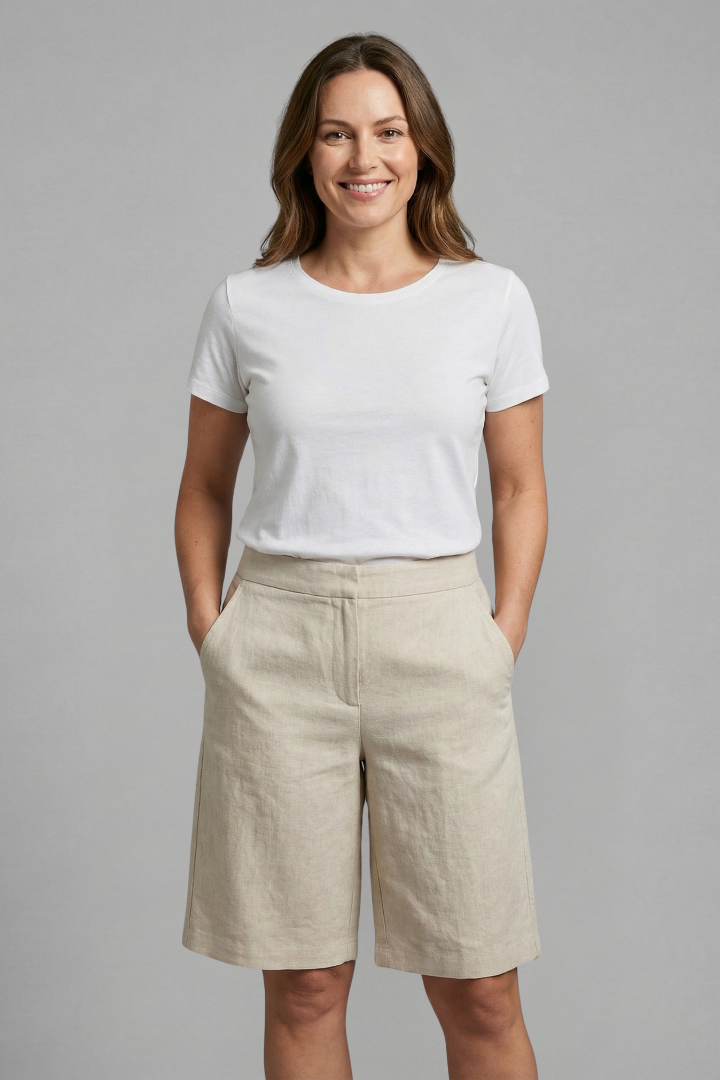 Linen Shorts Women's Beige High-Waisted Tailored Bermuda – Casual, Office · Faylori