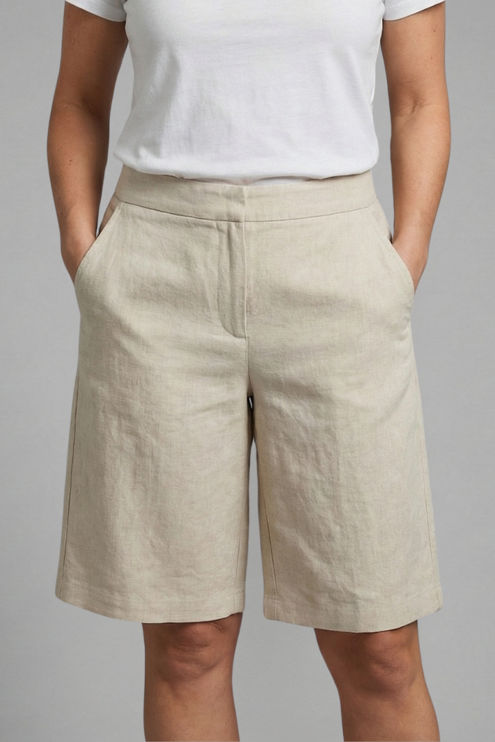 Linen Shorts Women's Beige High-Waisted Tailored Bermuda – Casual, Office · Faylori