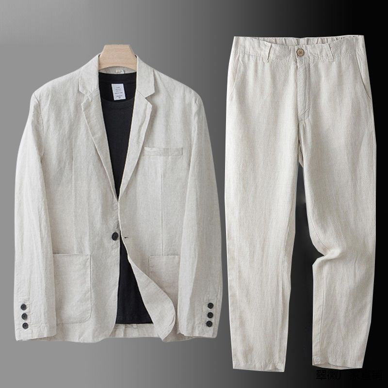 Linen Suit Set Men's Beige Blazer and Trousers 2-Piece – Casual, Office, Wedding, Gift