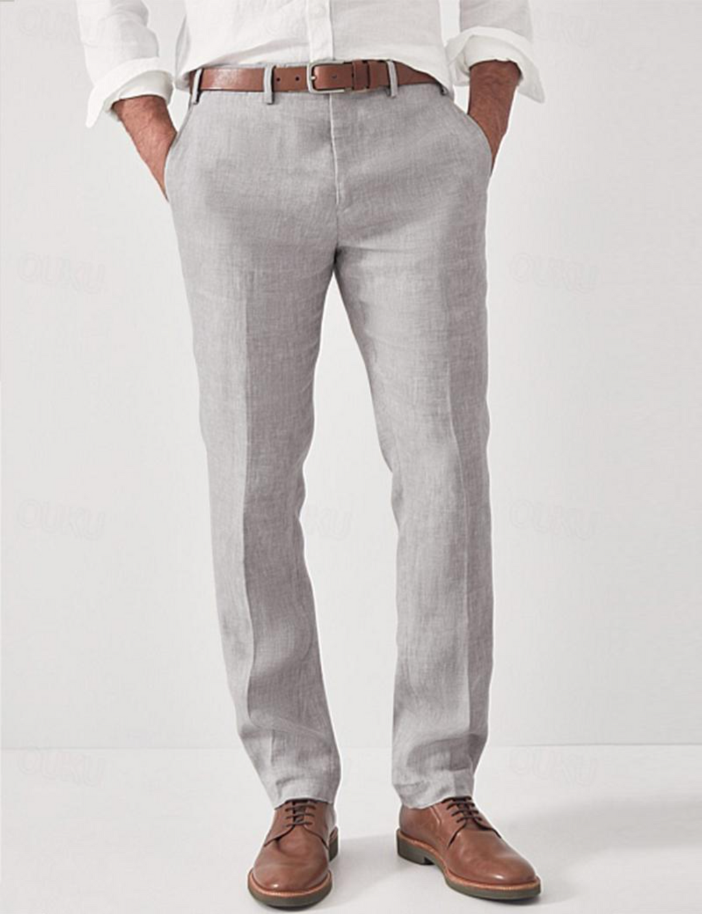 Linen Trousers Beige Straight-Leg Men's Flat-Front Dress Pants – Casual, Office · Faylori