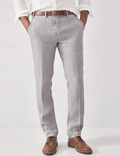 Linen Trousers Beige Straight-Leg Men's Flat-Front Dress Pants – Casual, Office · Faylori