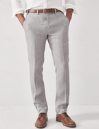 Linen Trousers Beige Straight-Leg Men's Flat-Front Dress Pants – Casual, Office · Faylori