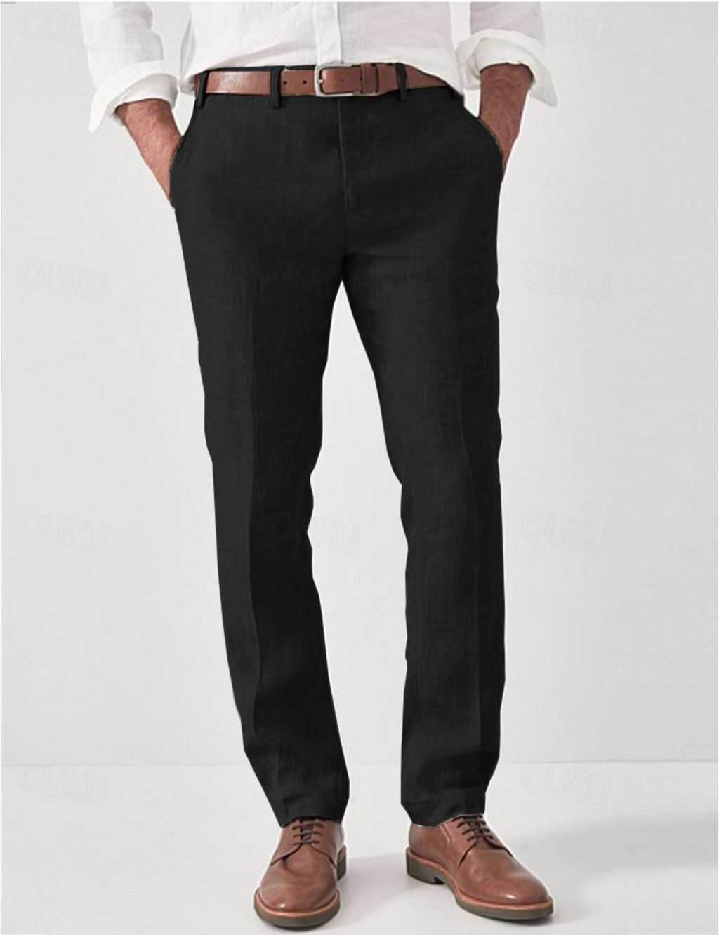Linen Trousers Beige Straight-Leg Men's Flat-Front Dress Pants – Casual, Office · Faylori