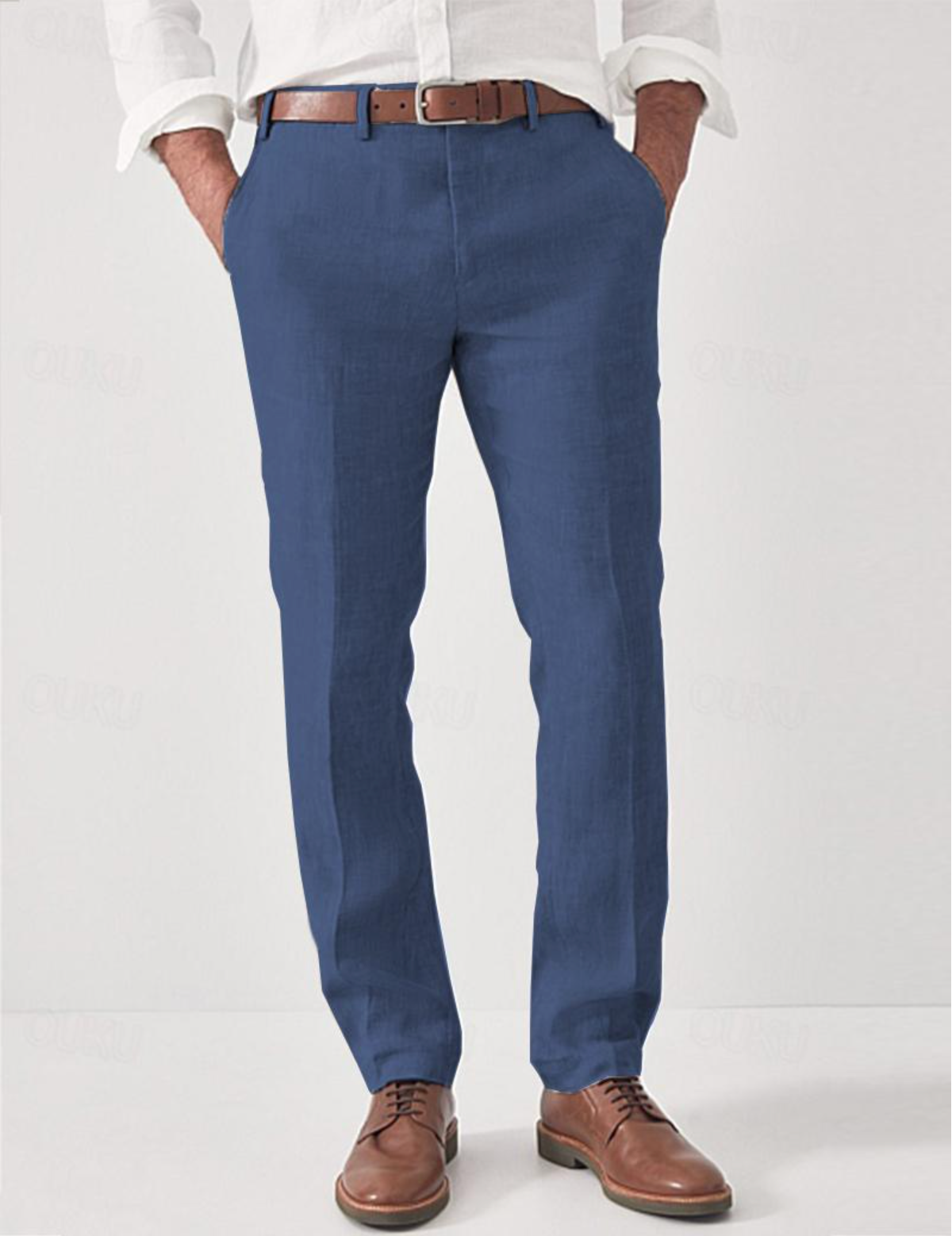 Linen Trousers Beige Straight-Leg Men's Flat-Front Dress Pants – Casual, Office · Faylori