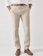 Linen Trousers Beige Straight-Leg Men's Flat-Front Dress Pants – Casual, Office · Faylori