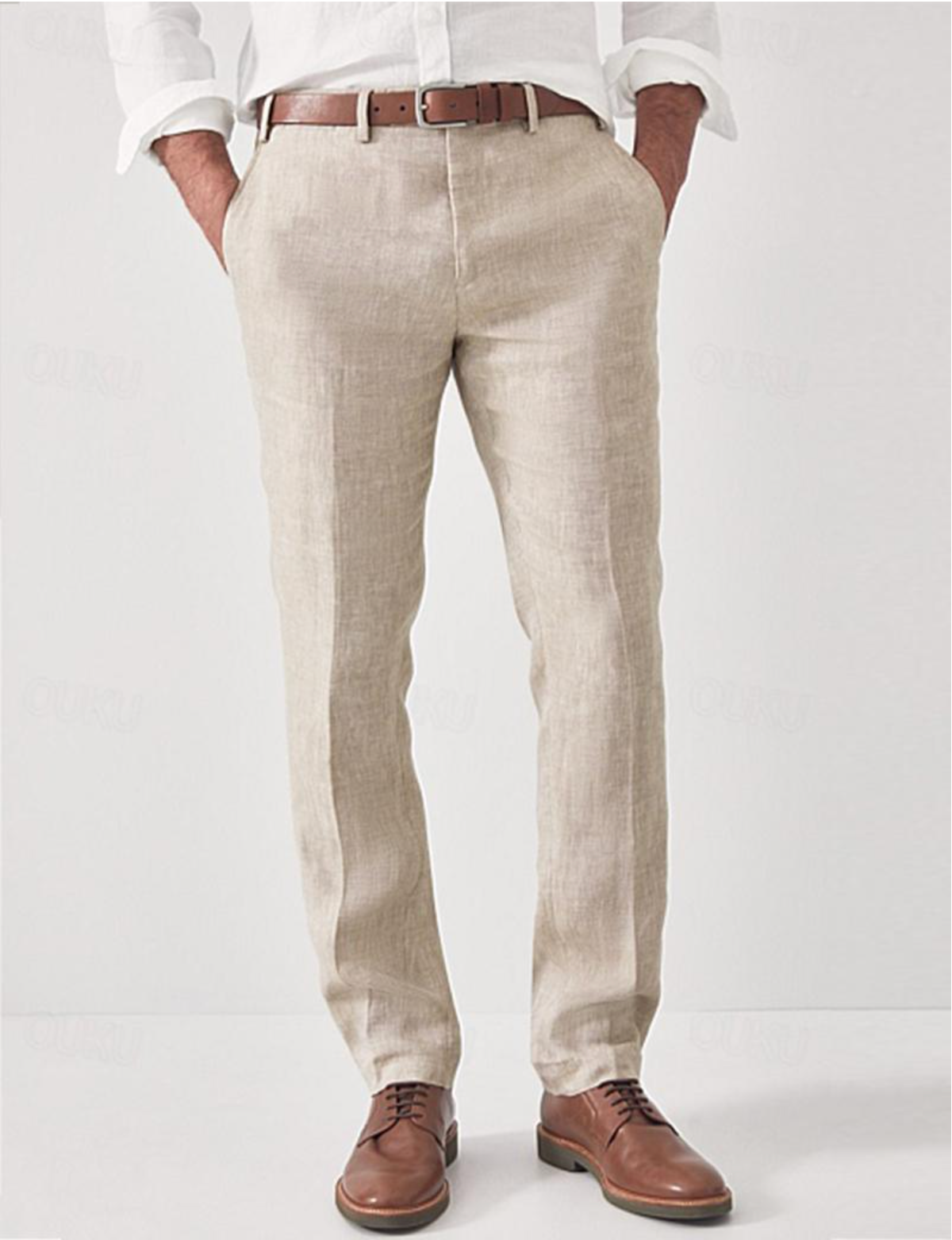 Linen Trousers Beige Straight-Leg Men's Flat-Front Dress Pants – Casual, Office · Faylori