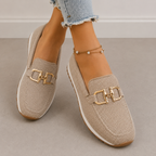 Loafers Knit Blue Women's Slip-On Flats with Gold Buckle – Casual, Office · Faylori