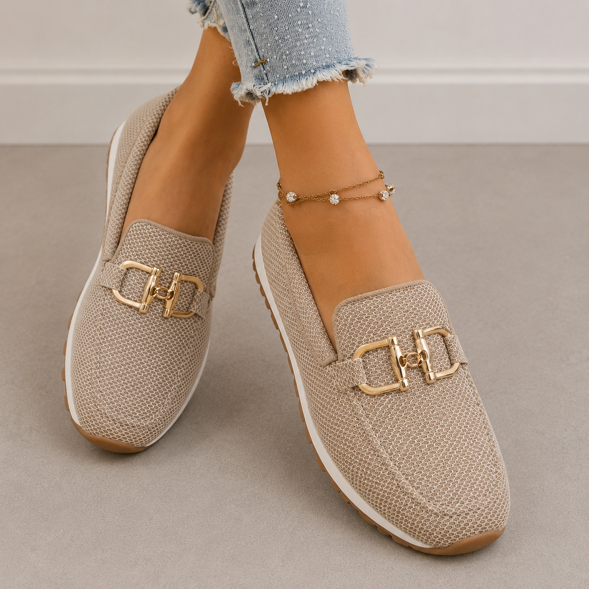 Loafers Knit Blue Women's Slip-On Flats with Gold Buckle – Casual, Office · Faylori