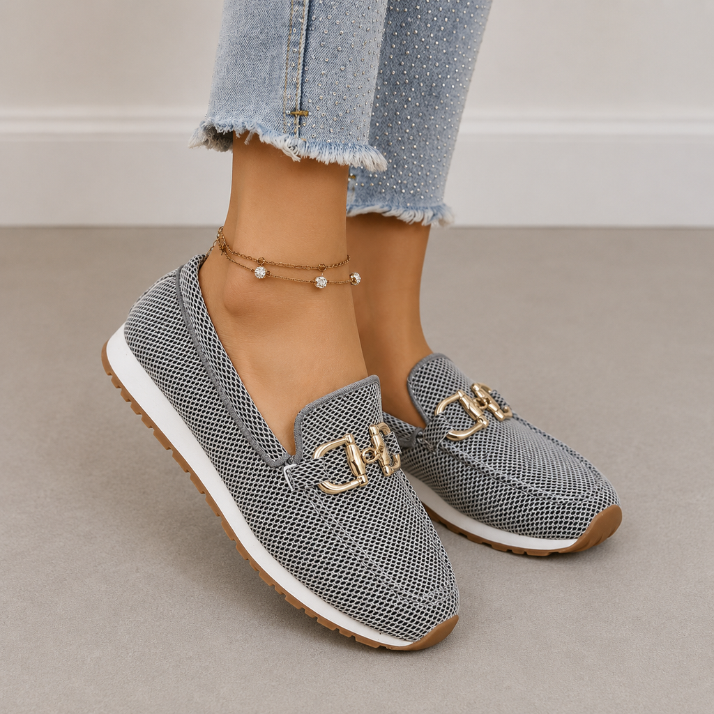 Loafers Knit Blue Women's Slip-On Flats with Gold Buckle – Casual, Office · Faylori