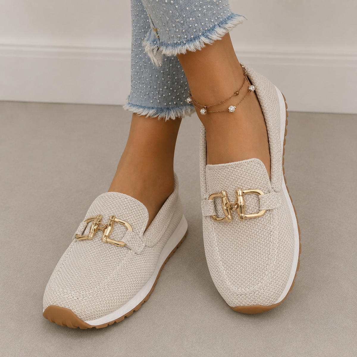 Loafers Knit Blue Women's Slip-On Flats with Gold Buckle – Casual, Office · Faylori