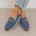 Loafers Knit Blue Women's Slip-On Flats with Gold Buckle – Casual, Office · Faylori