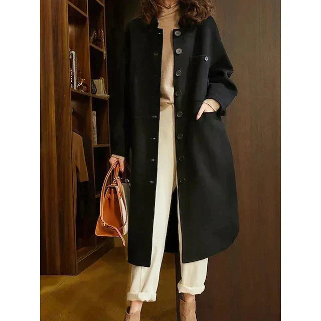 Long Coat Women's Button-Front Wool Blend with Pockets Olive Green – Casual, Office, Holiday, Gift