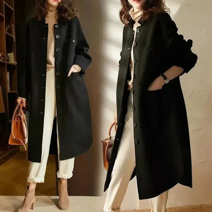 Long Coat Women's Button-Front Wool Blend with Pockets Olive Green – Casual, Office, Holiday, Gift