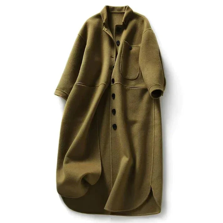 Long Coat Women's Button-Front Wool Blend with Pockets Olive Green – Casual, Office, Holiday, Gift