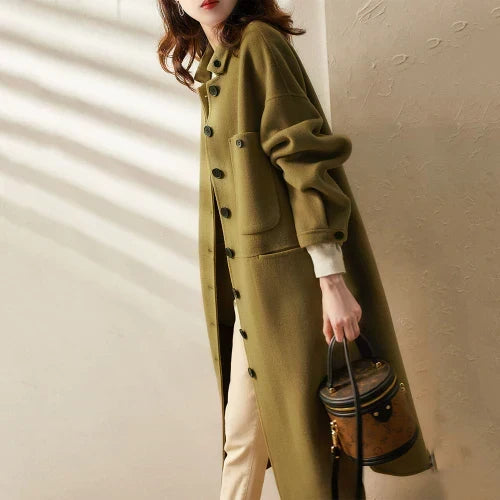 Long Coat Women's Button-Front Wool Blend with Pockets Olive Green – Casual, Office, Holiday, Gift