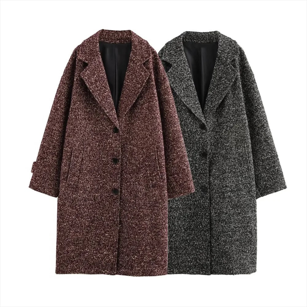 Long Coat Women's Textured Notch Lapel Single-Breasted Longline Outerwear – Office, Casual, Winter, Gift