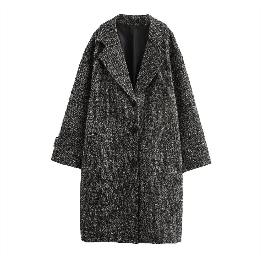 Long Coat Women's Textured Notch Lapel Single-Breasted Longline Outerwear – Office, Casual, Winter, Gift
