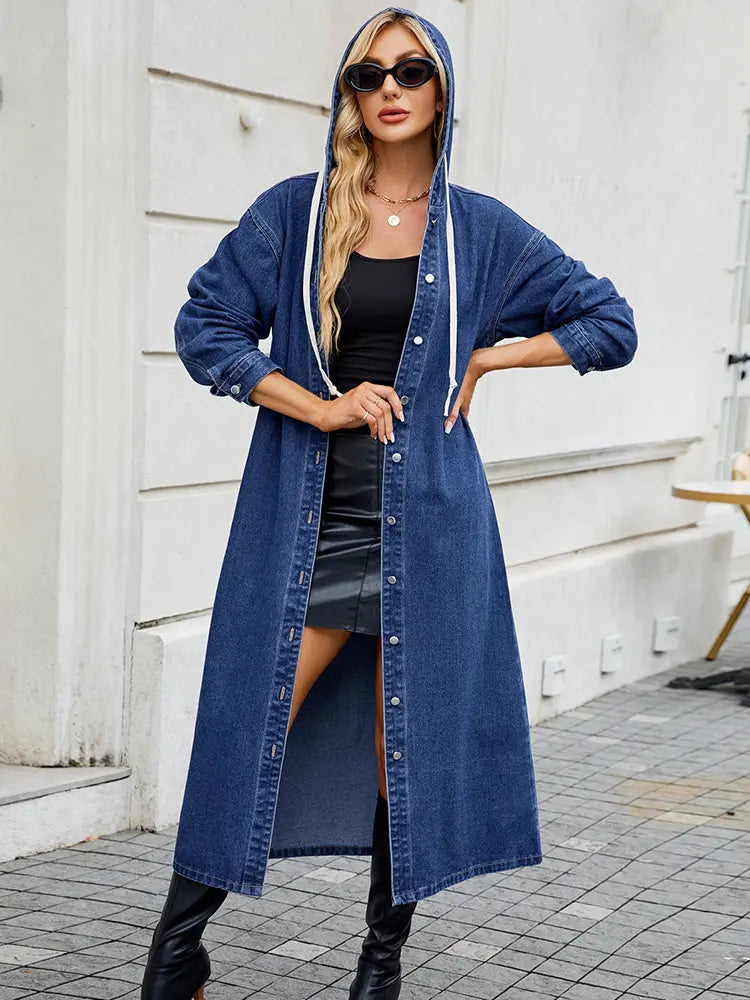 Long Denim Hooded Jacket Women's Button-Front Maxi Coat Blue – Casual, Office, Holiday, Gift