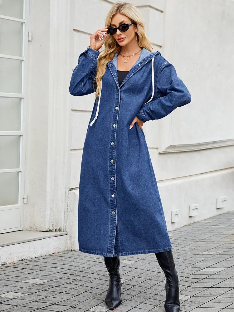 Long Denim Hooded Jacket Women's Button-Front Maxi Coat Blue – Casual, Office, Holiday, Gift