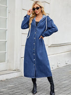 Long Denim Hooded Jacket Women's Button-Front Maxi Coat Blue – Casual, Office, Holiday, Gift