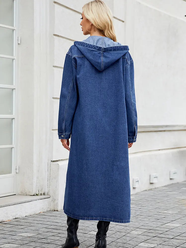 Long Denim Hooded Jacket Women's Button-Front Maxi Coat Blue – Casual, Office, Holiday, Gift