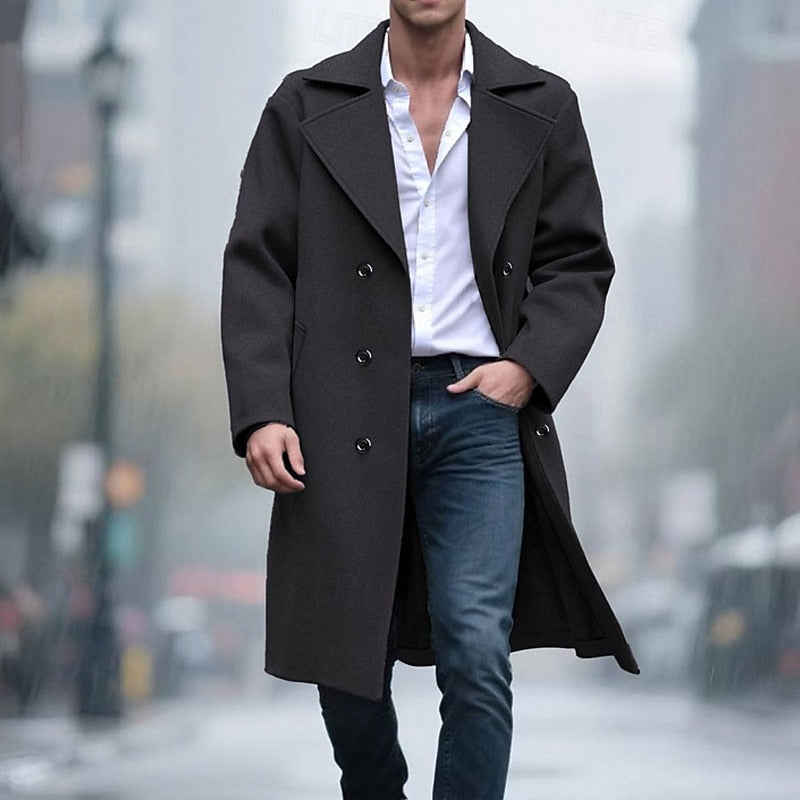 Long Overcoat Men's Double-Breasted Gray Trench Coat – Office, Casual, Winter Gift