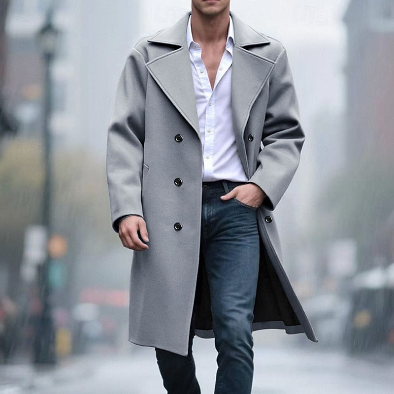 Long Overcoat Men's Double-Breasted Gray Trench Coat – Office, Casual, Winter Gift