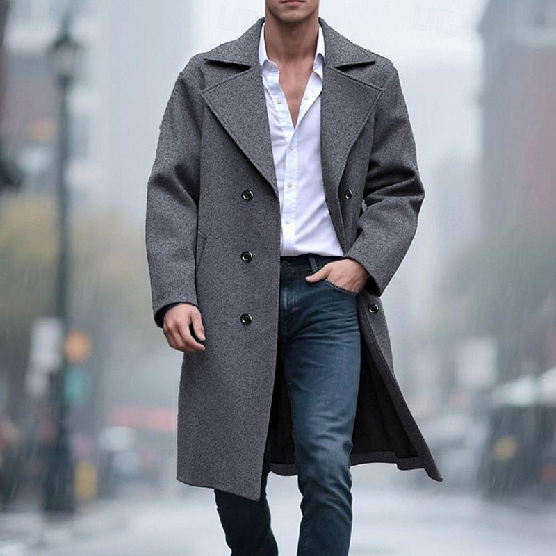 Long Overcoat Men's Double-Breasted Gray Trench Coat – Office, Casual, Winter Gift