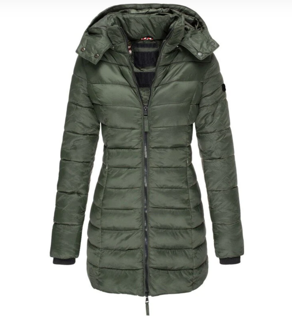 Long Puffer Jacket Women's Hooded Navy Blue Quilted Coat – Casual, Winter Outdoor Warmth