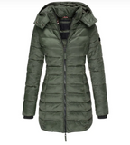 Long Puffer Jacket Women's Hooded Navy Blue Quilted Coat – Casual, Winter Outdoor Warmth