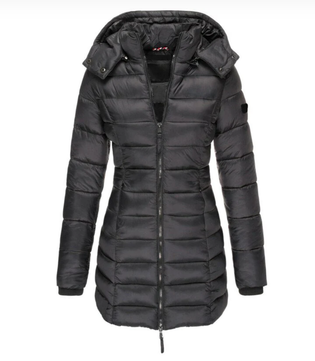 Long Puffer Jacket Women's Hooded Navy Blue Quilted Coat – Casual, Winter Outdoor Warmth