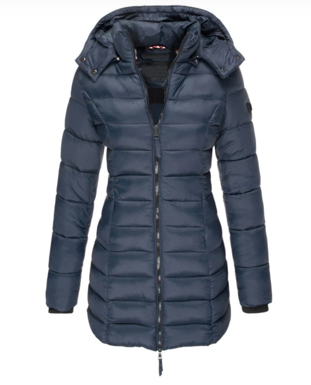 Long Puffer Jacket Women's Hooded Navy Blue Quilted Coat – Casual, Winter Outdoor Warmth