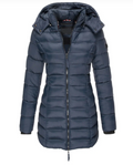 Long Puffer Jacket Women's Hooded Navy Blue Quilted Coat – Casual, Winter Outdoor Warmth