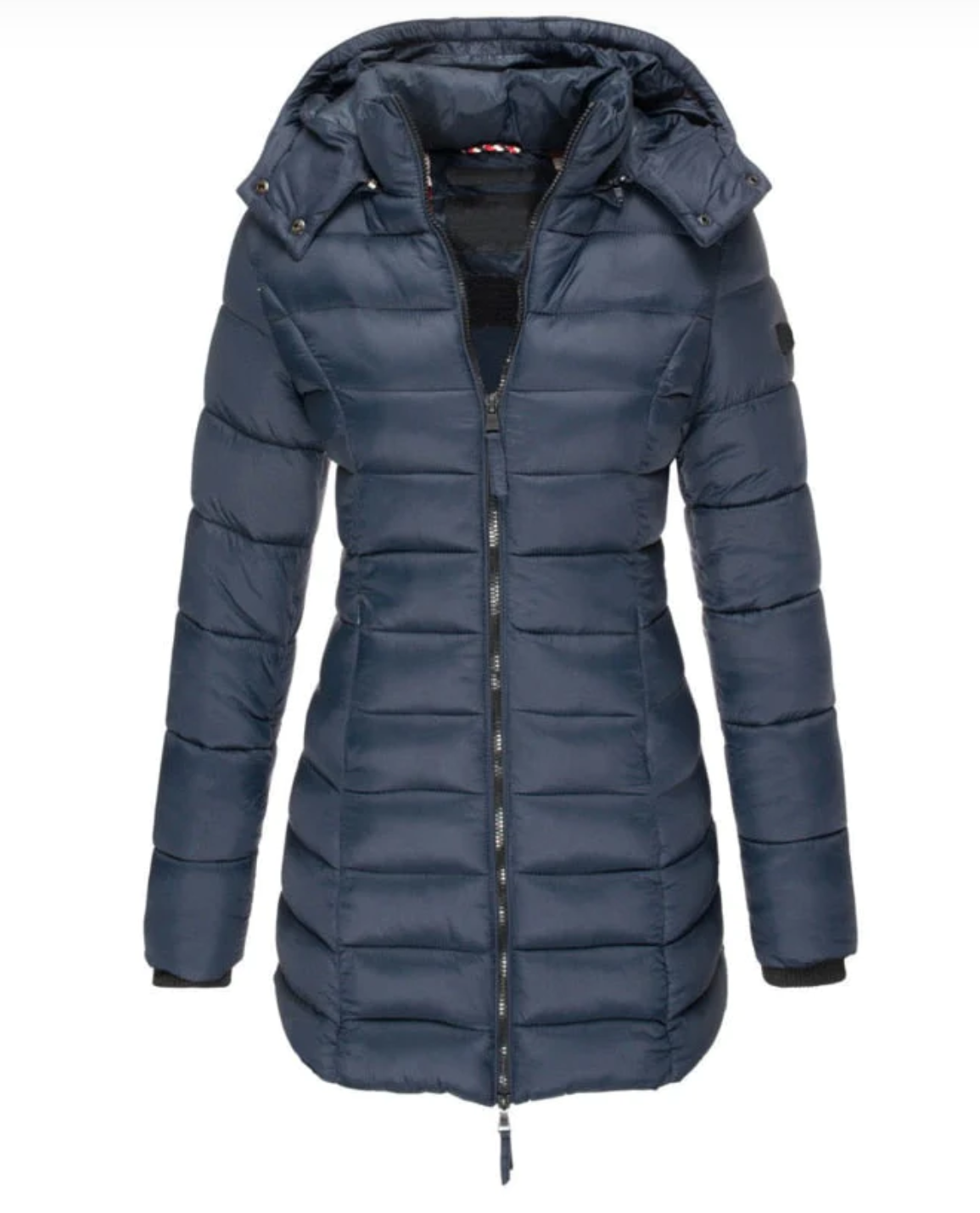 Long Puffer Jacket Women's Hooded Navy Blue Quilted Coat – Casual, Winter Outdoor Warmth