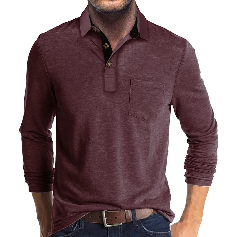 Long Sleeve Polo Shirt Black Cotton Men's Chest Pocket – Casual, Office · Faylori