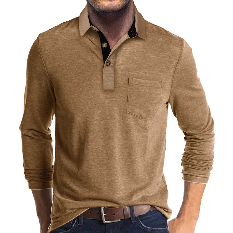 Long Sleeve Polo Shirt Black Cotton Men's Chest Pocket – Casual, Office · Faylori