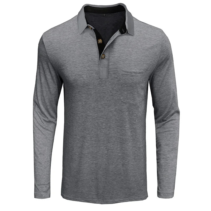 Long Sleeve Polo Shirt Black Cotton Men's Chest Pocket – Casual, Office · Faylori