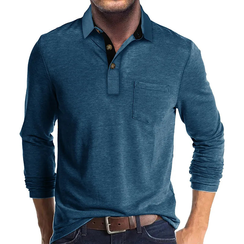 Long Sleeve Polo Shirt Black Cotton Men's Chest Pocket – Casual, Office · Faylori