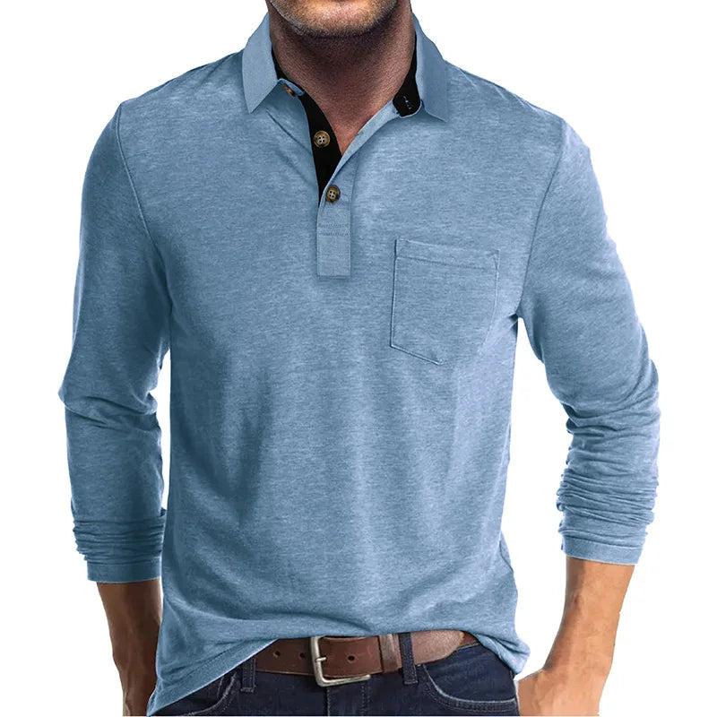 Long Sleeve Polo Shirt Black Cotton Men's Chest Pocket – Casual, Office · Faylori