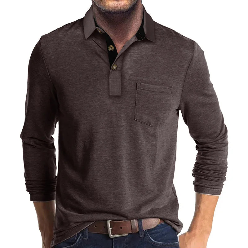 Long Sleeve Polo Shirt Black Cotton Men's Chest Pocket – Casual, Office · Faylori