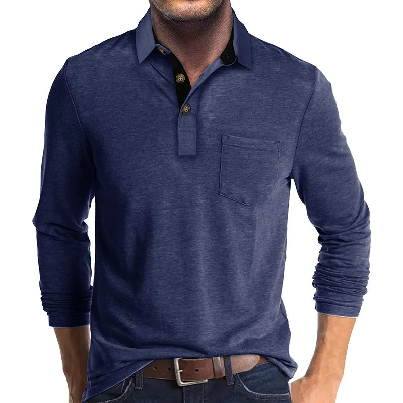 Long Sleeve Polo Shirt Black Cotton Men's Chest Pocket – Casual, Office · Faylori