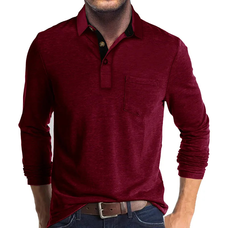 Long Sleeve Polo Shirt Black Cotton Men's Chest Pocket – Casual, Office · Faylori