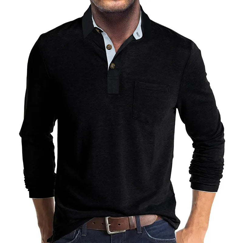 Long Sleeve Polo Shirt Black Cotton Men's Chest Pocket – Casual, Office · Faylori