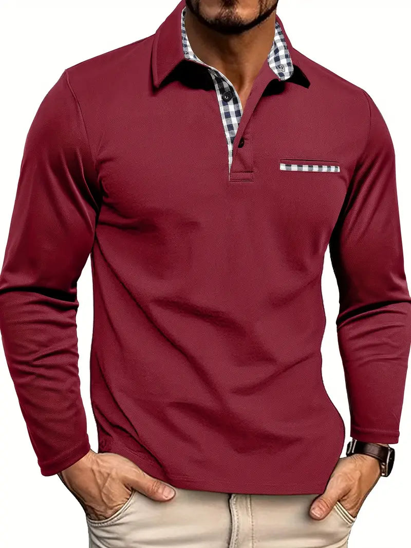 Long Sleeve Polo Shirt Men's Gray with Plaid Collar Trim – Casual, Office · Faylori